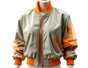 A sleek, modern bomber jacket in muted green, orange accents, and a zip closure on a mannequin