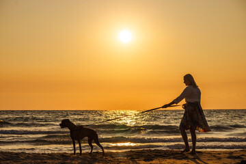 Woman pulling a dog on a leash while standing on the sandy beach during a glowing sunset