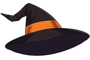 オレンジの帯が付いた黒い魔女の帽子のベクターイラスト。ハロウィンデザインやファンタジー作品の素材に最適な、シンプルでかわいい魔女帽子のカットアウトベクター画像です。｜魔女帽子,ハロウィン,ウィッチハット,帽子