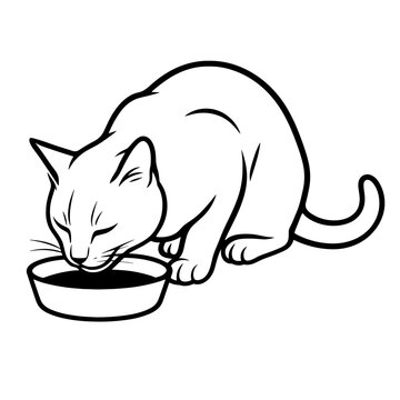 Realistic cat eating illustration, minimal details, black and white vector, suitable for cutting plotter, no background