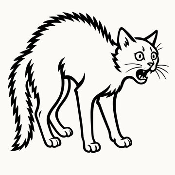Realistic scared cat illustration, minimal details, black and white vector, suitable for cutting plotter