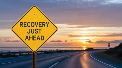 Road to Recovery sign with stunning sunset symbolizing hope, healing, and new beginnings