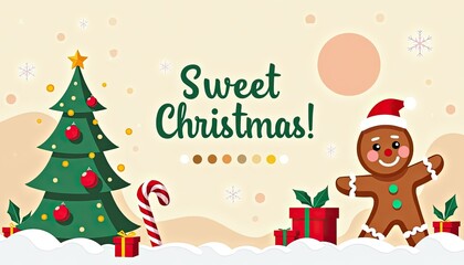 Fototapeta premium A cheerful sweet christmas greeting featuring a decorated christmas tree, a smiling gingerbread man, festive gifts, and candy canes, set against a warm, softfocus with subtle festive elements