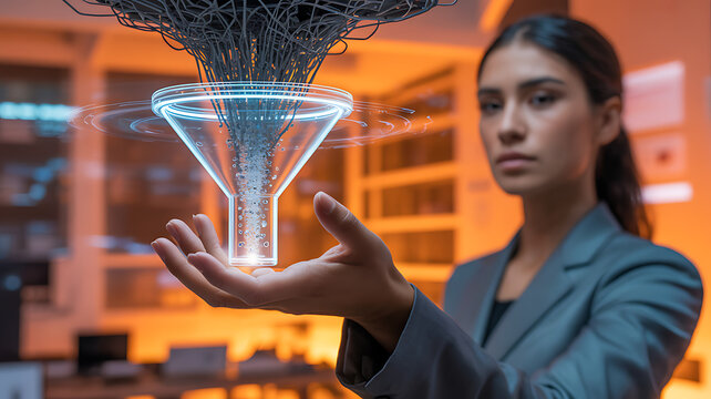 Woman holding holographic funnel processing data streams in orange lit office data processing technology