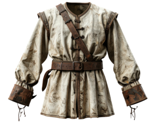 A worn, off-white period-accurate garment with intricate designs and leather accents
