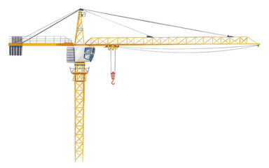 Dynamic yellow construction crane lifting materials on a building site, ideal for architectural and engineering projects