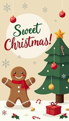 Sweet christmas greeting with a gingerbread man, decorated christmas tree, gift box, and candy canes, perfect for holiday cards and decorations