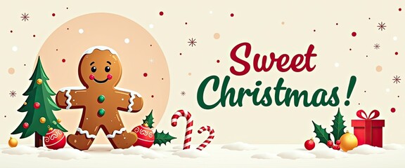 Fototapeta premium Gingerbread man beside decorated tree, ornaments, candy canes, gift, 