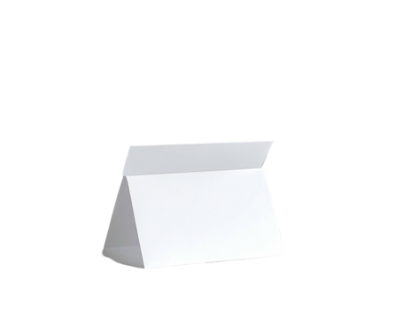 Isolated white triangular paper display, partially open, against a black background