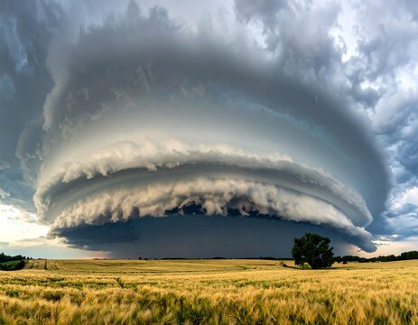 Dramatic Supercell Storm Over Golden Wheat Field Landscape.