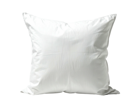 A soft, white square pillow against a black background, showing fabric folds and subtle shadows