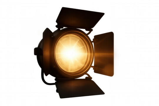 Stage spotlight with warm glowing beam illuminating a performance area on transparent background