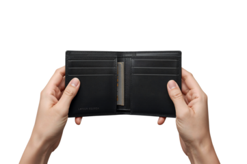 Hands holding open black leather wallet