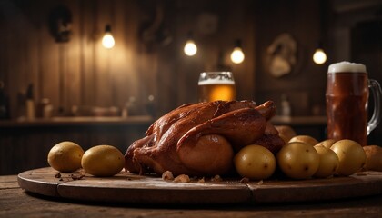 Smoked chicken leg on a plate with round potatoes and a glass of foamy beer.