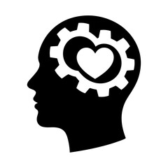 black silhouette vector of human head with heart and gear symbolizing empathy, logic, and emotional balance