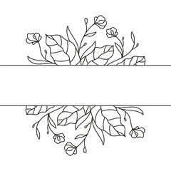 Elegant floral frame design with delicate outline drawing of blooming flowers and leaves with blank space for text on a transparent background