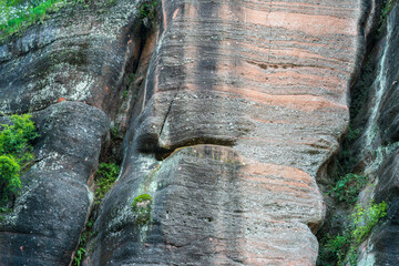 Close up of Danxia landform and rock wall in Danxia Mountain, Shaoguan, Guangdong Province

