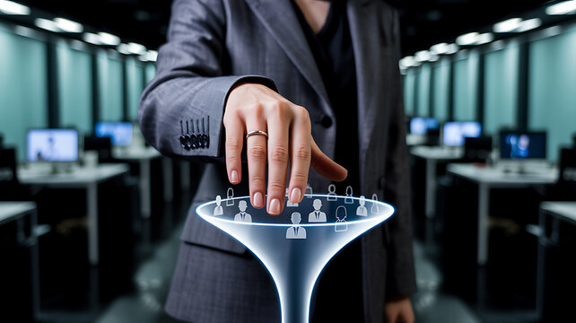Woman in suit filters people icons in glowing funnel in office business filtering