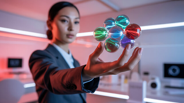 Woman in suit holding glowing orbs with light streaks in futuristic office image - Powered by Adobe