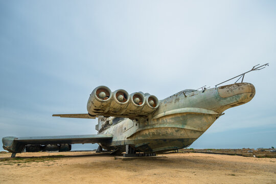 Soviet experimental ekranoplan Lun on the shore of the Caspian Sea - a local landmark. Caspian monster