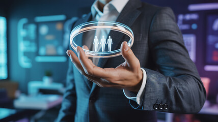 Businessman holding holographic projection of three people linked together image