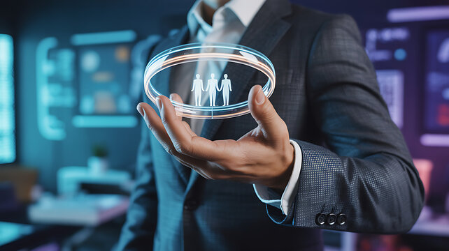 Businessman holding holographic projection of three people linked together image