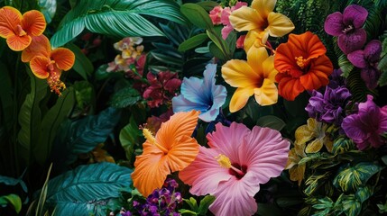 Fototapeta premium A close-up of exotic flowers in a botanical garden, including tropical blooms like hibiscus and orchids.