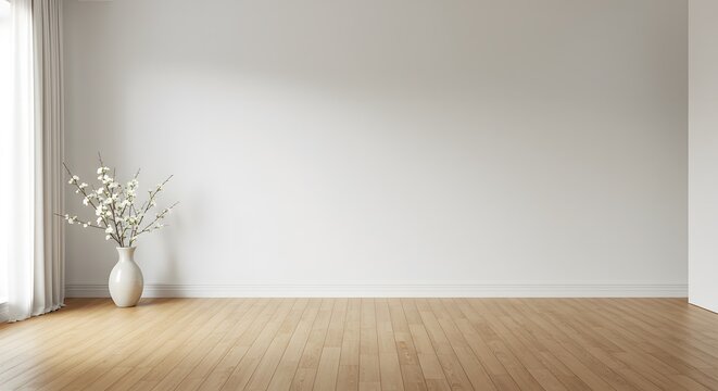Blank wall and wooden floor background. White curtain on the side and small vase for decoration.