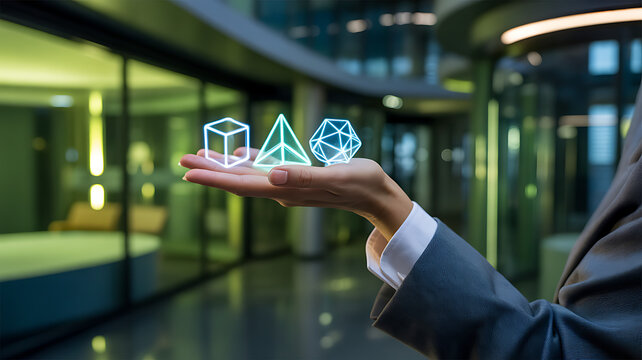 Hand holding glowing geometric shapes cube pyramid dodecahedron in office image