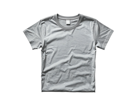Plain, short-sleeved, grey cotton t-shirt displayed on a black background with a label