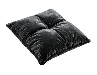 Angled studio shot of a plush, square pillow with button detailing, against a black background