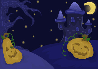 Halloween Night Vector Background with Pumpkins and Haunted Castle under Moonlight