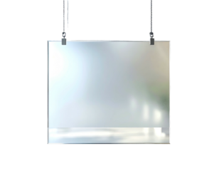 Render of a blank, reflective, rectangular sign suspended by clips and chains against black