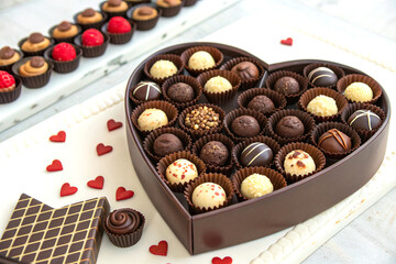 Assortment of chocolate truffles arranged neatly in heart shape on display