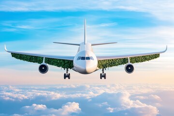 Obraz premium Sustainable aviation concept. Sustainable Aviation Concept with Airplane Covered in Greenery Flying Above the Clouds in a Beautiful Sky at Dusk