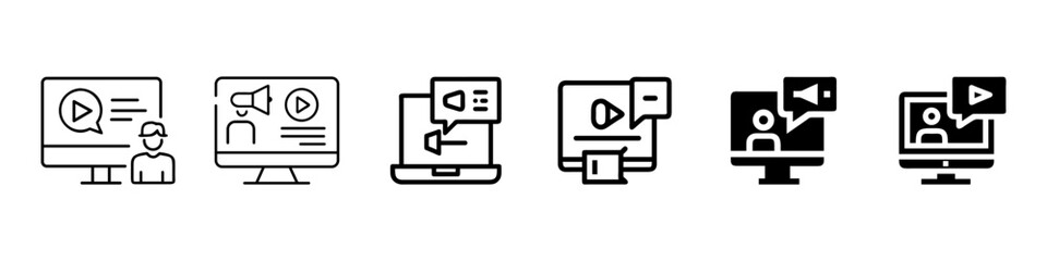 Set of online video communication and webinar icons, virtual meeting, video chat, digital conference symbols in outline and filled styles, Online Webinar, Video Conference, Virtual Meeting Icon