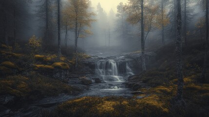 Obraz premium Misty Autumn Forest Waterfall