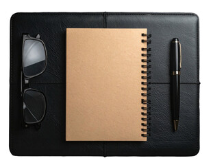 Overhead shot of a notepad with a pen, eyeglasses, and a leather desk pad