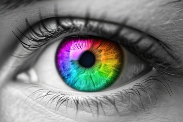 Closeup of a human eye with a rainbow colored iris on gray background
