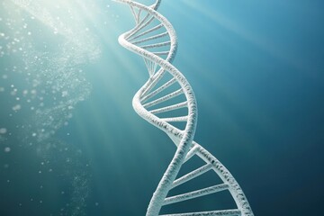 Abstract dna helix structure on blue background with light and bubbles