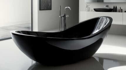 Sleek, modern black bathtub in a minimalist bathroom with chrome fixtures and natural light