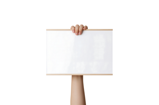 Hand holding blank whiteboard against black background