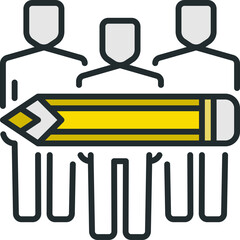 Teamwork Concept Represented By Three Stylized Figures Holding A Yellow Pencil With Black Outline On A Transparent Background