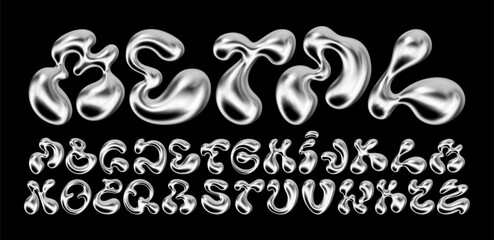 Metal bubble font alphabet A&ndash;Z. Glossy 3D silver liquid letters with bold aesthetic and droplet effect. Vector set
