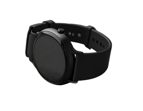 Modern, all-black smartwatch with a round face and rubber strap, isolated on a black background