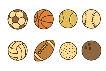 Set of various sports balls including soccer, basketball, tennis, and baseball equipment