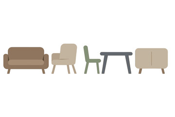 Fototapeta premium Minimalist living room furniture collection: sofa, armchair, chair, table, and cabinet