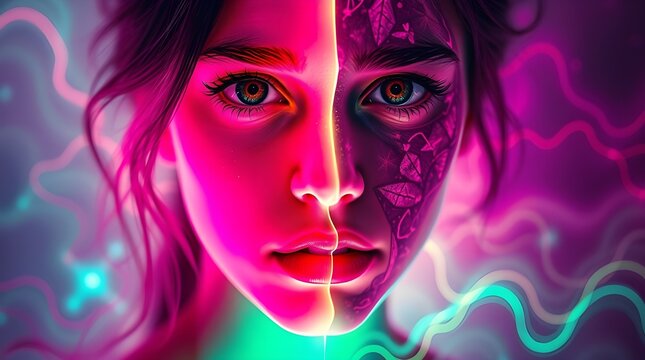 &ldquo;Dual Light Psychedelia &mdash; The Two Lives Within&rdquo;
(A surreal psychedelic artwork showing a girl&rsquo;s face divided by light and shadow, symbolizing two emotional worlds &mdash; hope and sorrow &mdash; through vibrant n