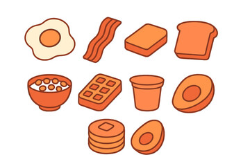 Classic breakfast ingredients and dishes including fried egg bacon toast and avocado halves