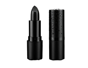 Obraz premium A sleek, black lipstick is pictured next to its cap, which has water droplets